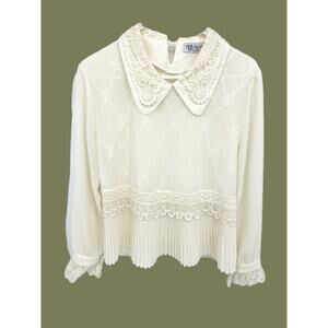 Vintage Granny Core White Embroidered Laced Collar Blouse Size 13